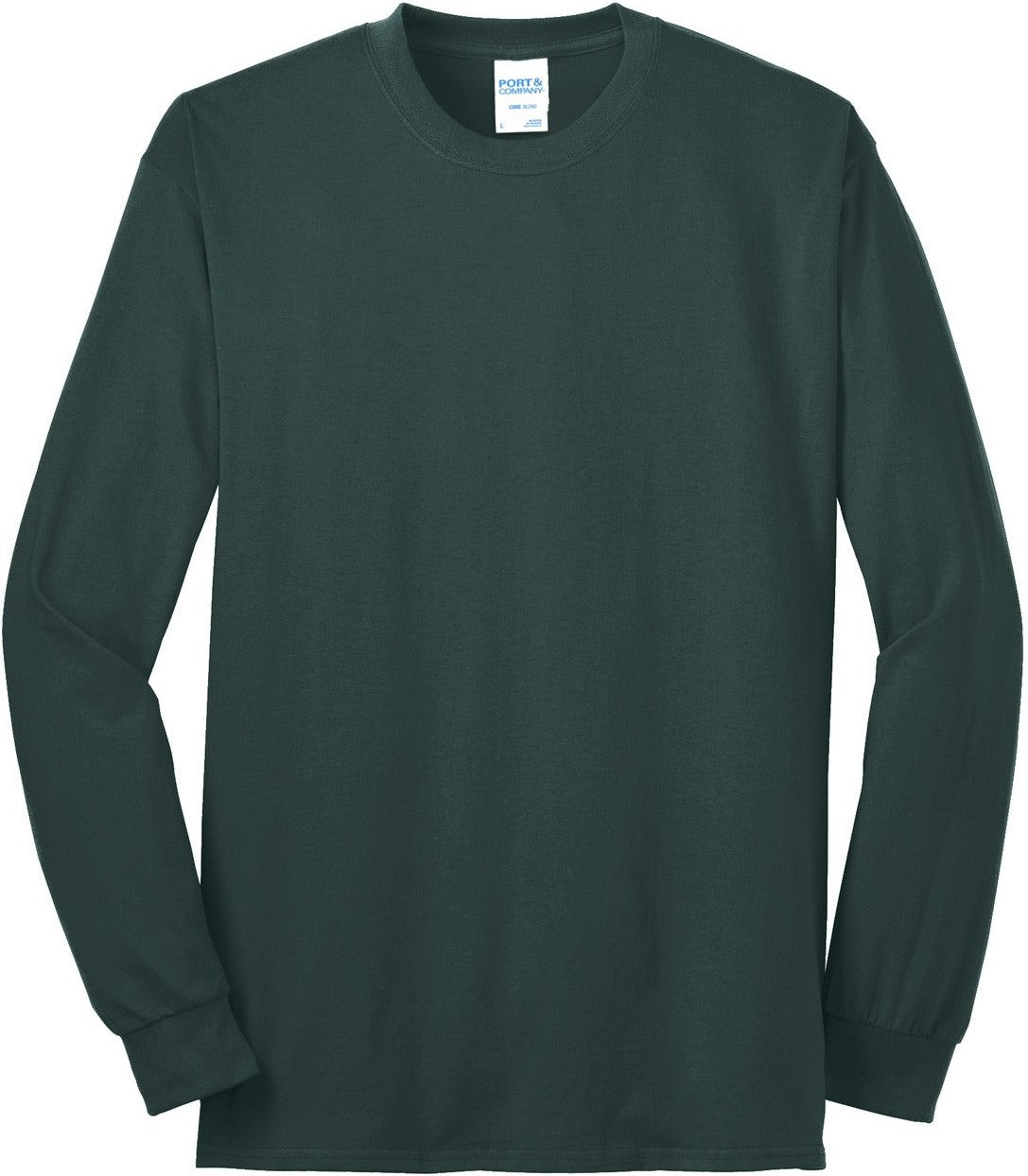 Front View of Dark Green Port & Co Tall Long Sleeve Core Blend Tee. PC55LST