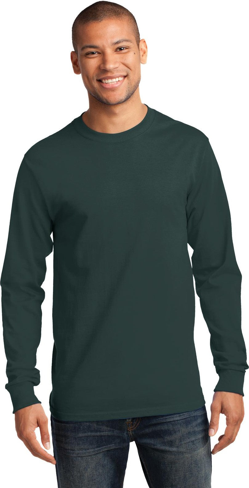 Front View of Dark Green Port & Co Tall Long Sleeve Essential Tee. PC61LST