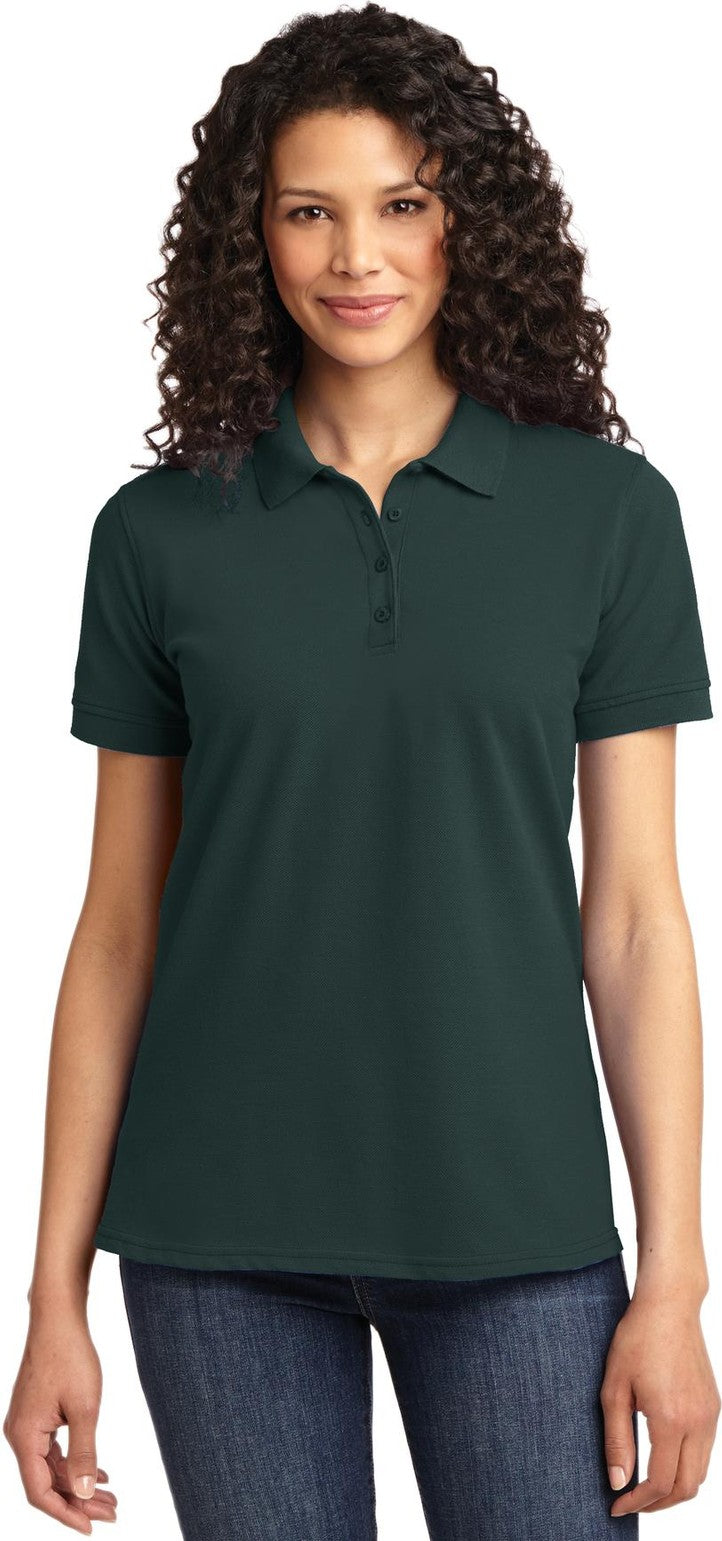 Front View of Dark Green Port & Co Women's Core Blend Pique Polo. LKP155