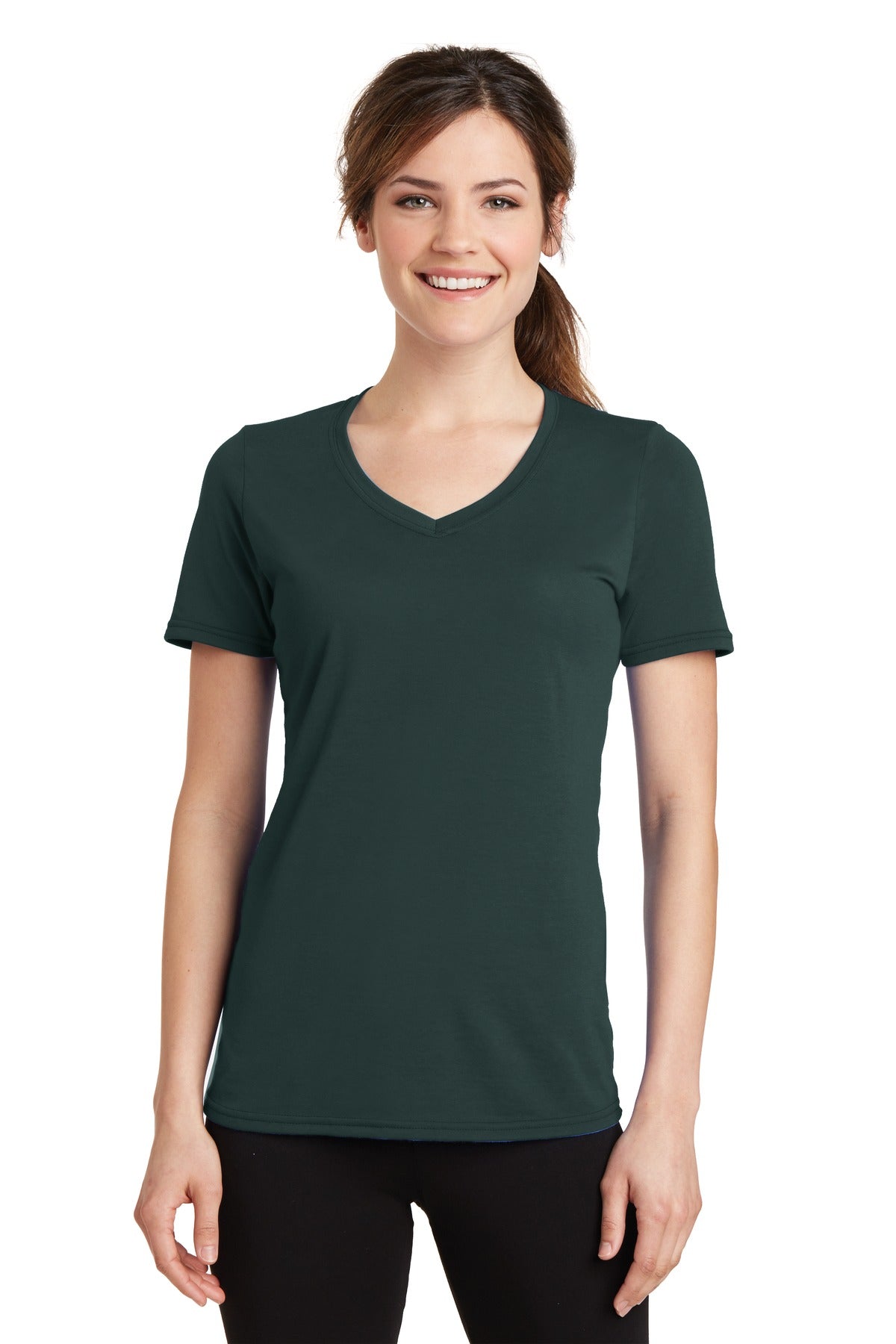 Front View of Dark Green Port & Co Women's Performance Blend V-Neck Tee. LPC381V