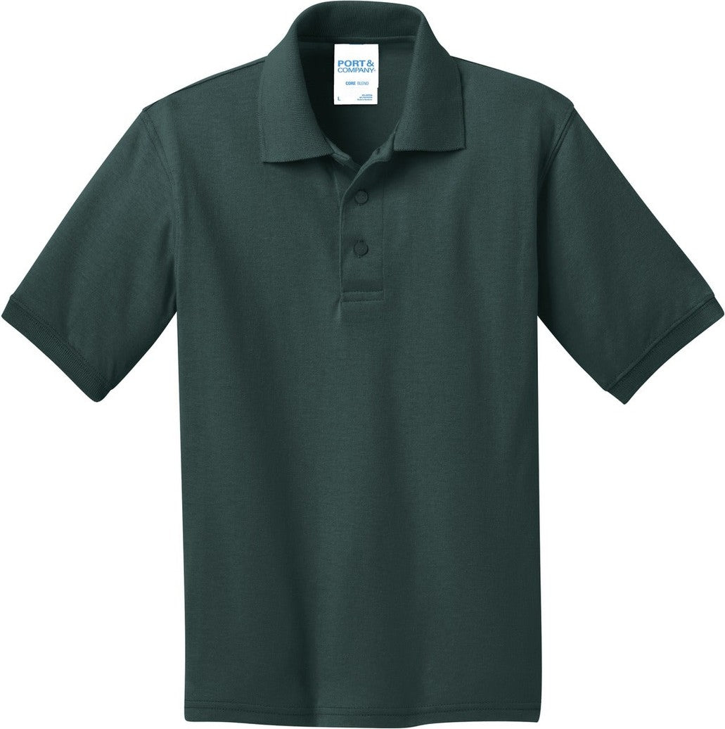 Front View of Dark Green Port & Co Youth Core Blend Jersey Knit Polo. KP55Y