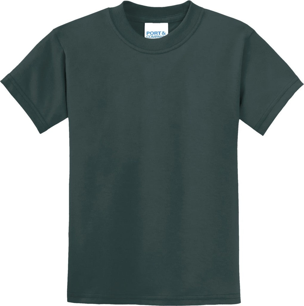 Front View of Dark Green Port & Co Youth Core Blend Tee. PC55Y
