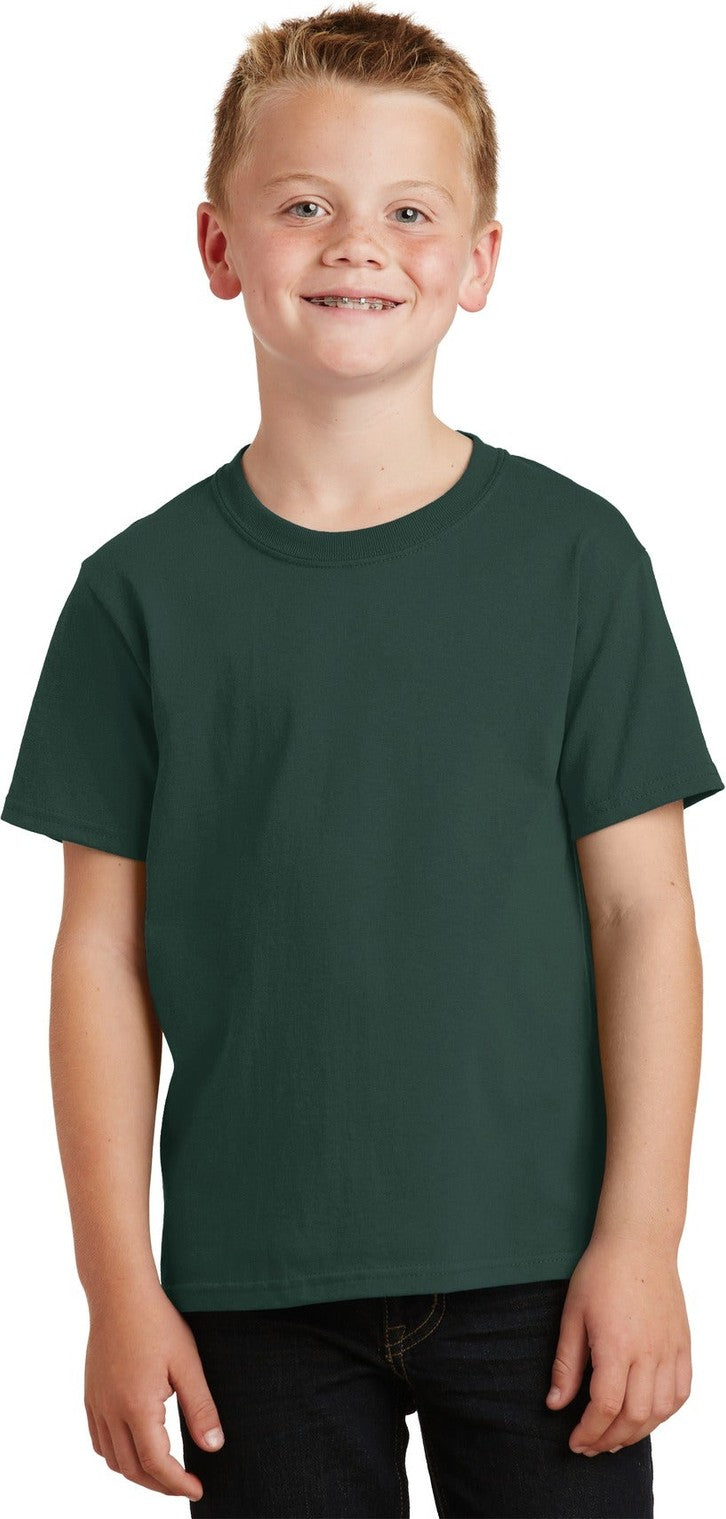Front View of Dark Green Port & Co Youth Core Cotton Tee. PC54Y
