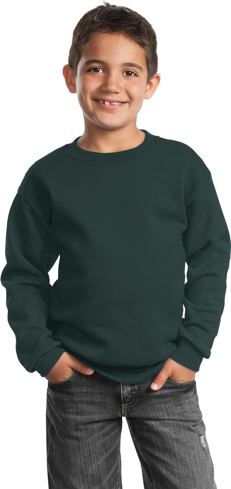Front View of Dark Green Port & Co Youth Core Fleece Crewneck Sweatshirt. PC90Y