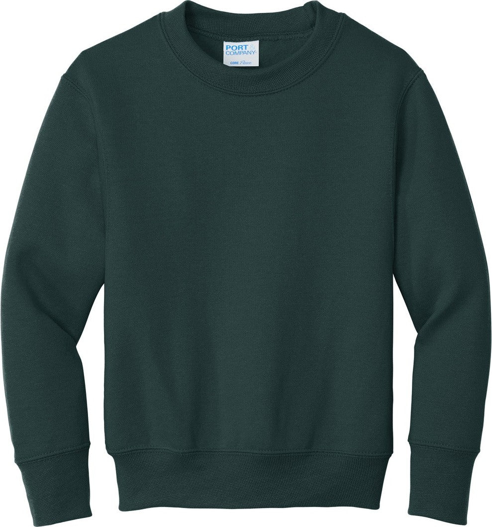 Front View of Dark Green Port & Co Youth Core Fleece Crewneck Sweatshirt. PC90Y