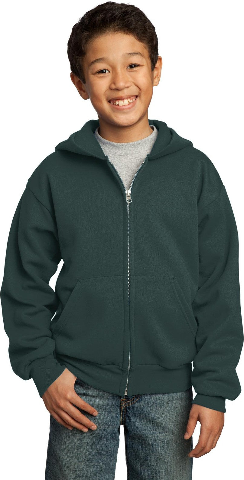 Front View of Dark Green Port & Co Youth Core Fleece Full-Zip Hooded Sweatshirt. PC90YZH