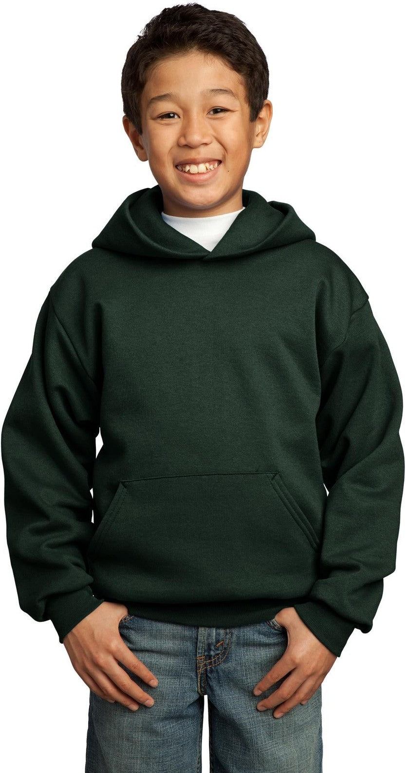 Front View of Dark Green Port & Co Youth Core Fleece Pullover Hooded Sweatshirt. PC90YH