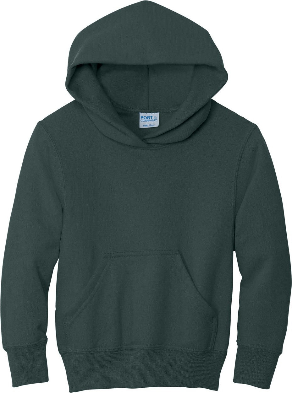 Front View of Dark Green Port & Co Youth Core Fleece Pullover Hooded Sweatshirt. PC90YH