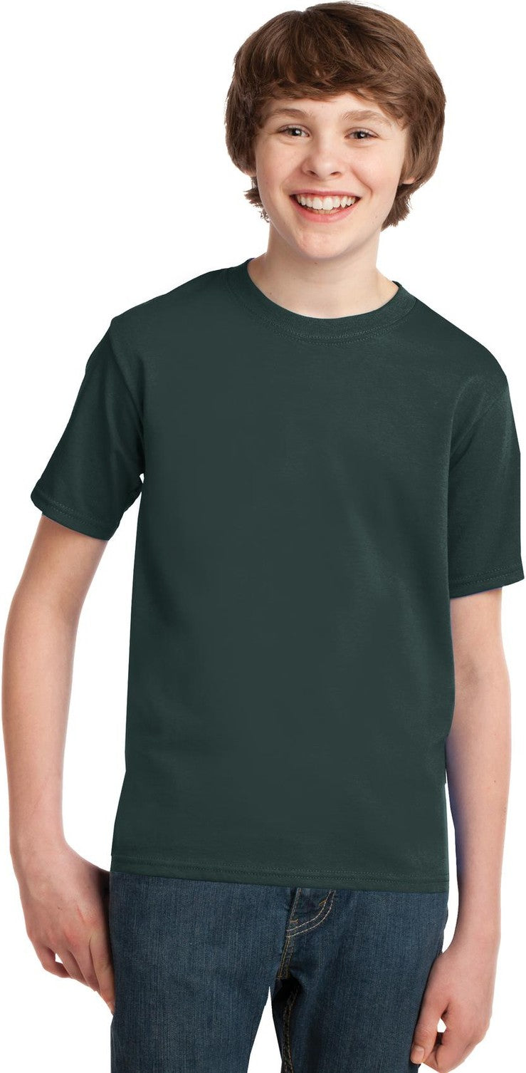 Front View of Dark Green Port & Co Youth Essential Tee. PC61Y