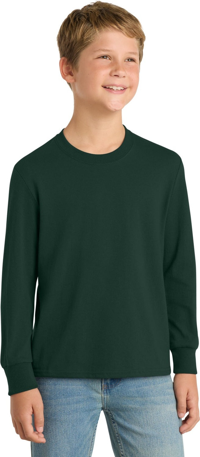 Front View of Dark Green Port & Co Youth Long Sleeve Core Cotton Tee. PC54YLS