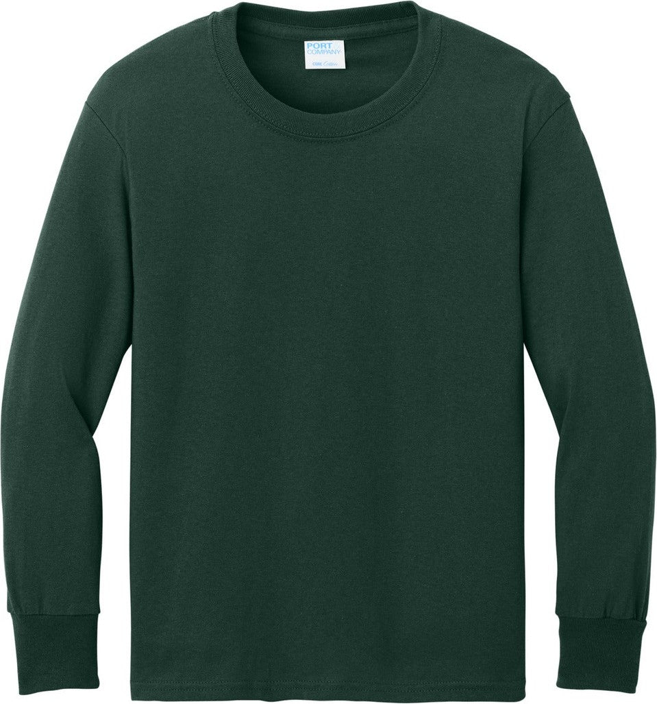 Front View of Dark Green Port & Co Youth Long Sleeve Core Cotton Tee. PC54YLS