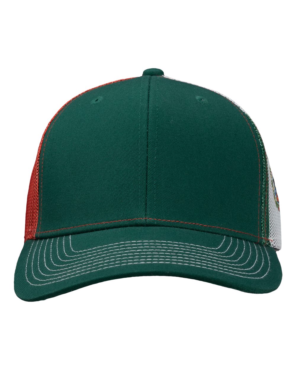 Front View of Dark Green/ Red/ Mexico Flag Printed Mesh Trucker Cap - S700M