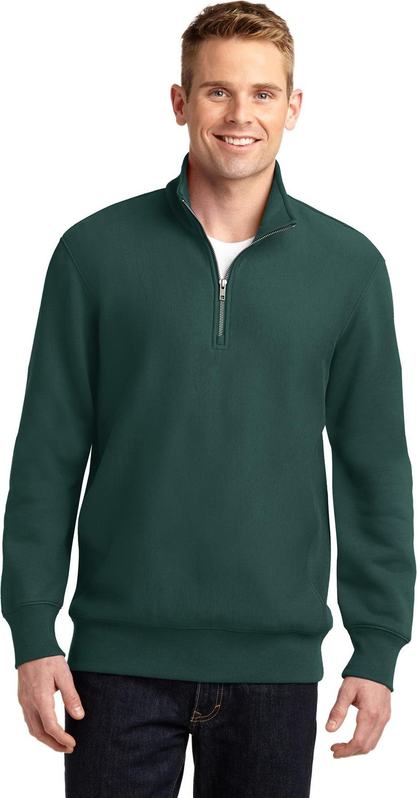 Front View of Dark Green Sport-Tek Super Heavyweight 1/4-Zip Pullover Sweatshirt. ST283