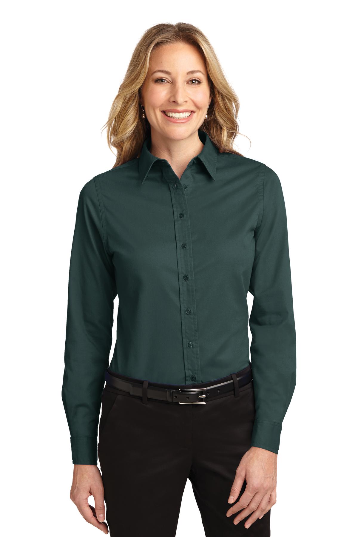Front View of Dark Green/Nvy Port Authority Women's Long Sleeve Easy Care Shirt. L608