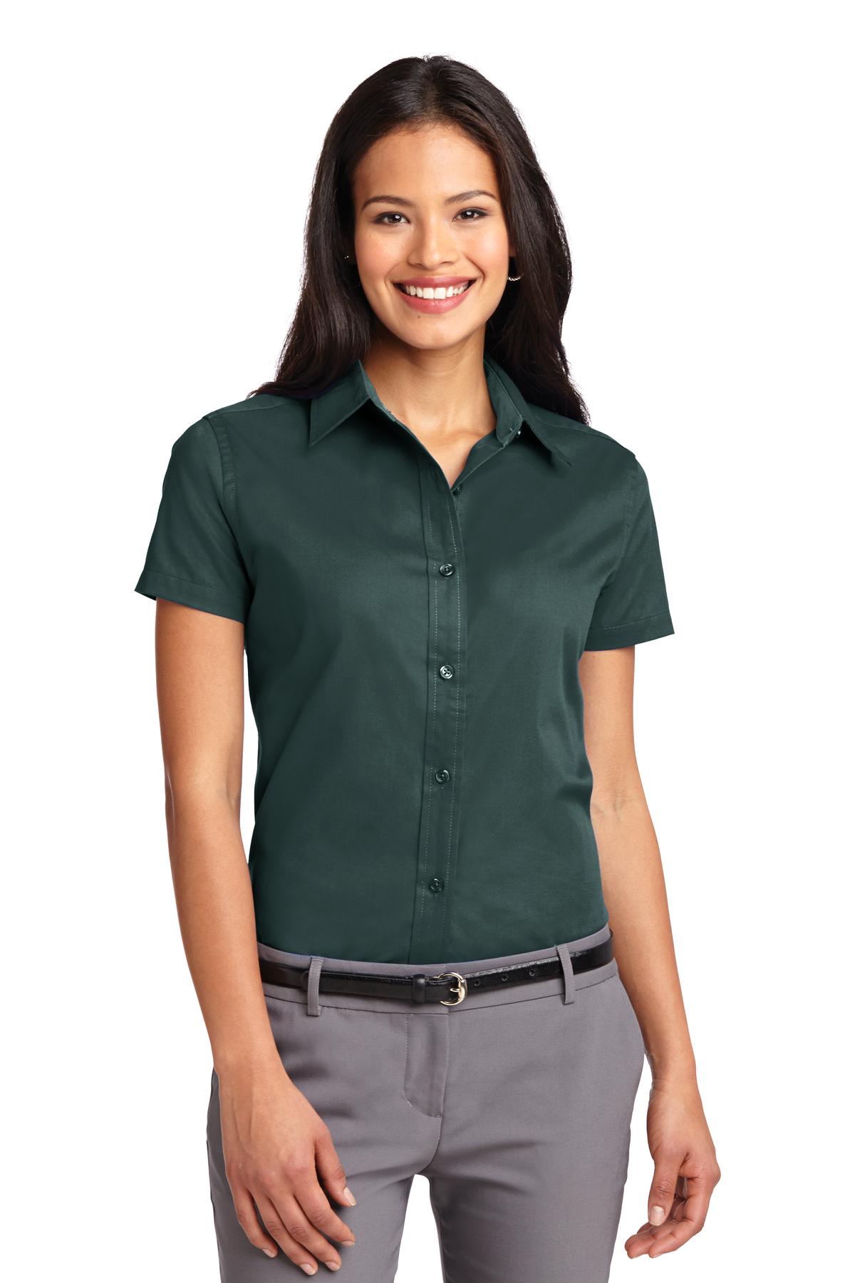 Front View of Dark Green/Nvy Port Authority Women's Short Sleeve Easy Care Shirt. L508