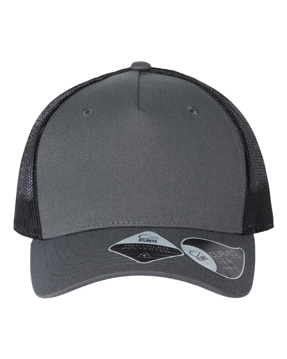 Front View of Dark Grey/ Black Sustainable Five-Panel Trucker Cap - ZION