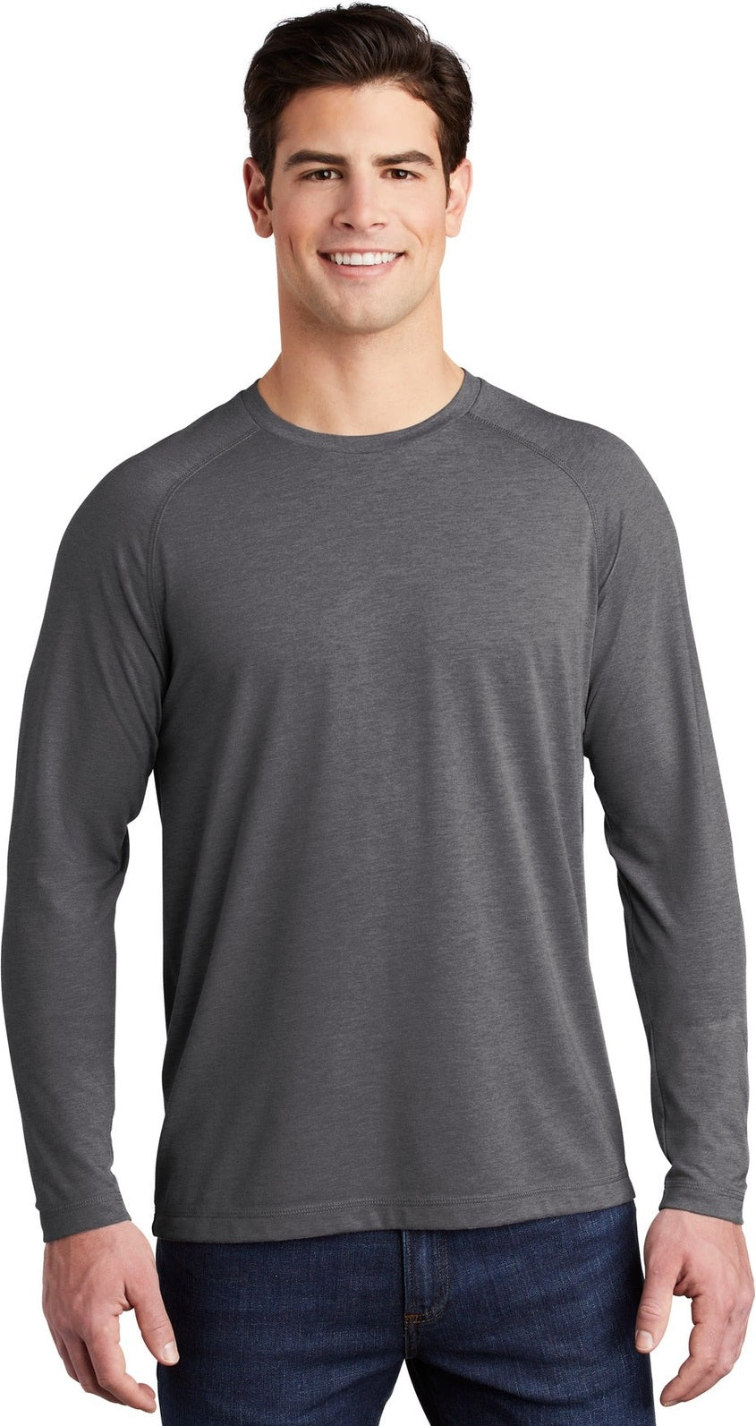 Front View of Dark Grey Hthr Sport-Tek PosiCharge Long Sleeve Tri-Blend Wicking Raglan Tee ST400LS