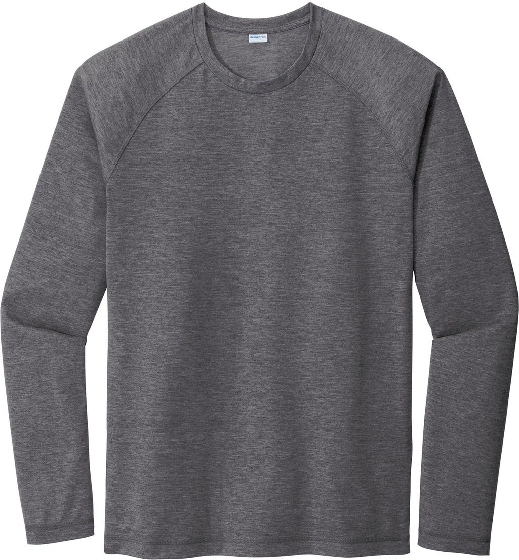 Front View of Dark Grey Hthr Sport-Tek PosiCharge Long Sleeve Tri-Blend Wicking Raglan Tee ST400LS