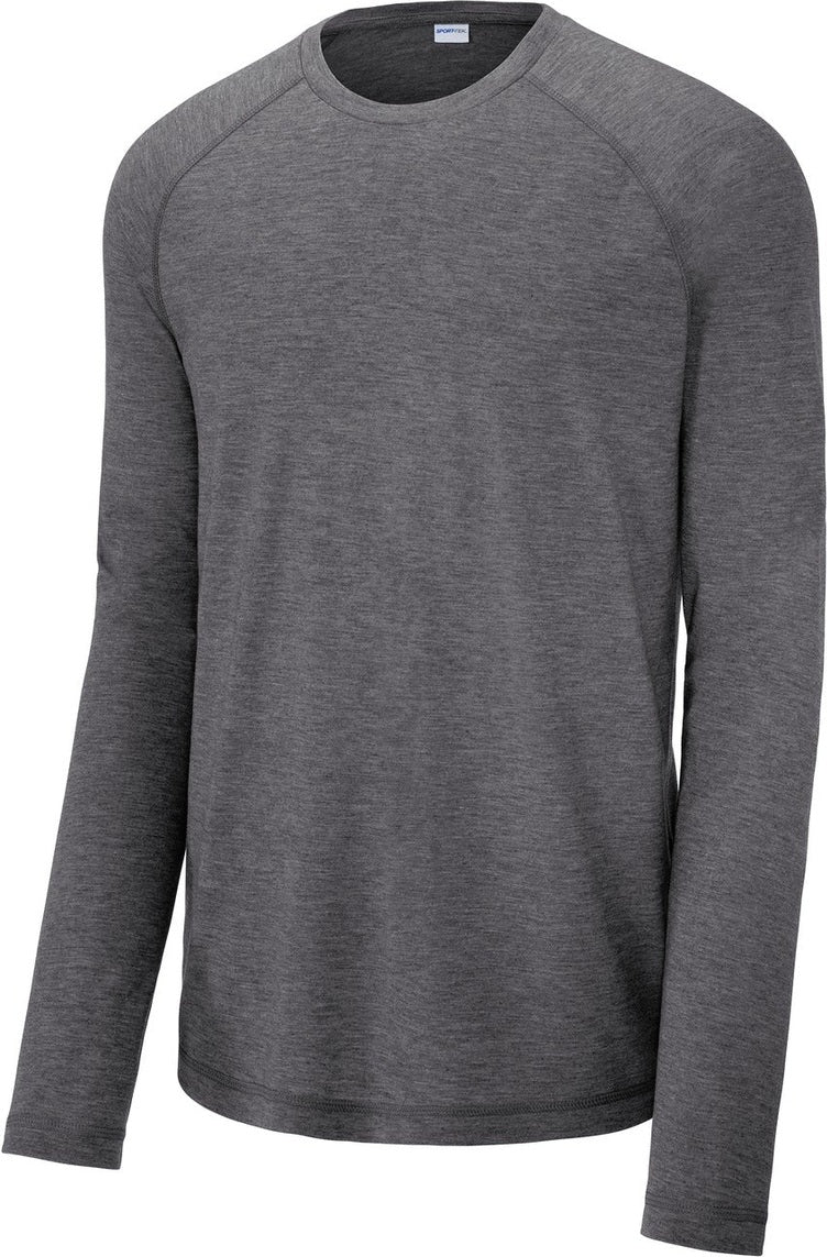 Front View of Dark Grey Hthr Sport-Tek PosiCharge Long Sleeve Tri-Blend Wicking Raglan Tee ST400LS
