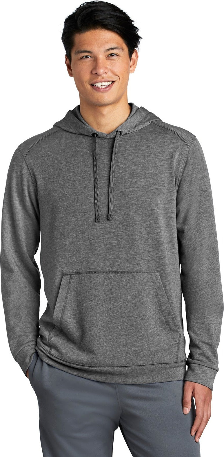 Front View of Dark Grey Hthr Sport-Tek PosiCharge Tri-Blend Wicking Fleece Hooded Pullover. ST296