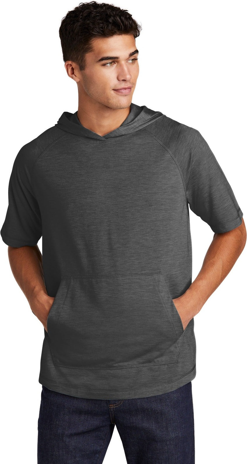 Front View of Dark Grey Hthr Sport-Tek PosiCharge Tri-Blend Wicking Short Sleeve Hoodie. ST404
