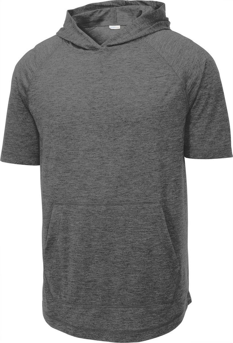 Front View of Dark Grey Hthr Sport-Tek PosiCharge Tri-Blend Wicking Short Sleeve Hoodie. ST404