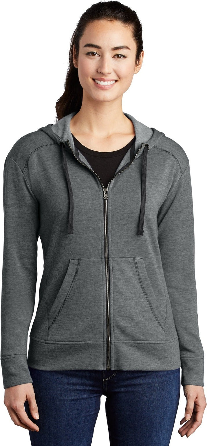 Front View of Dark Grey Hthr Sport-Tek Women's PosiCharge Tri-Blend Wicking Fleece Full-Zip Hooded Jacket LST293
