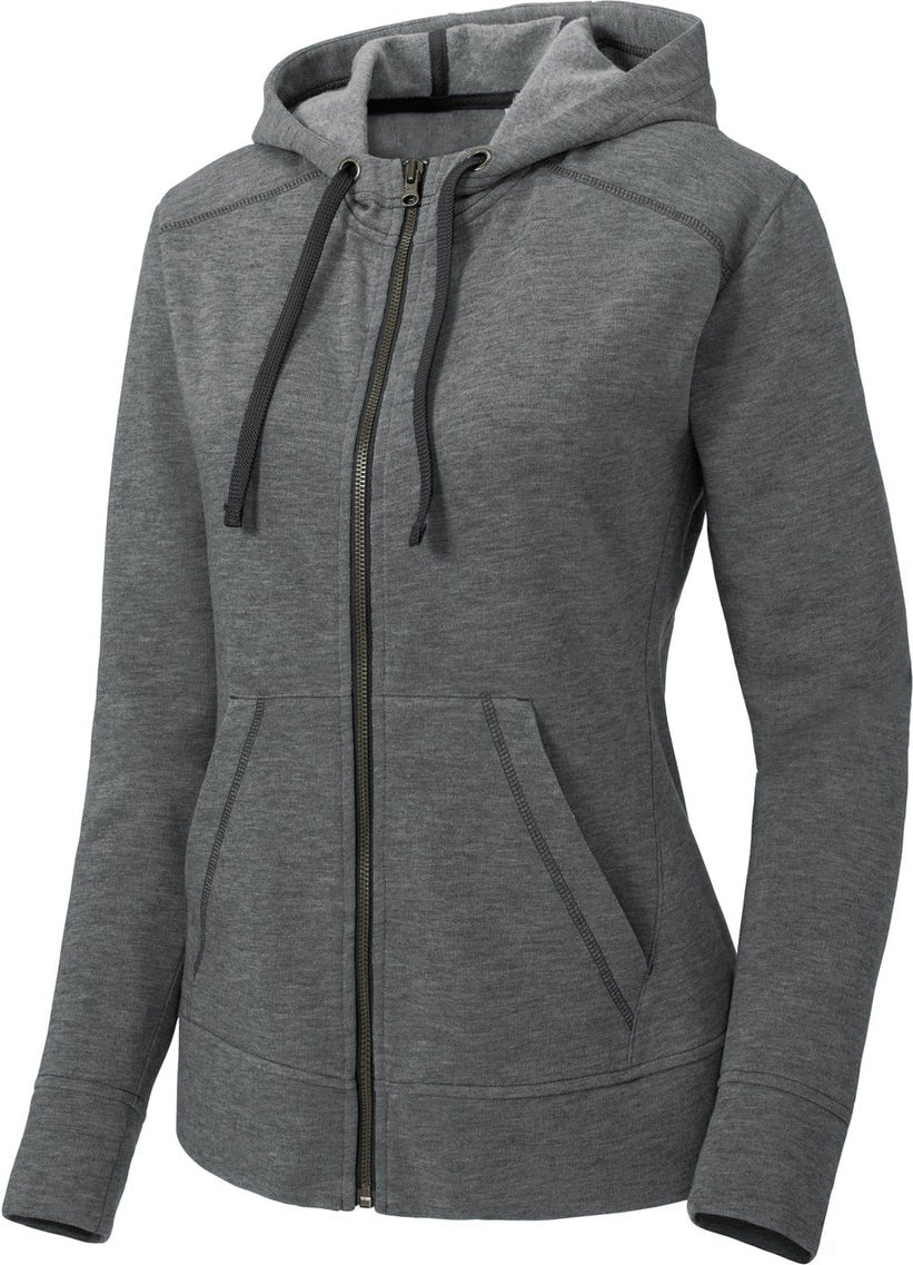 Front View of Dark Grey Hthr Sport-Tek Women's PosiCharge Tri-Blend Wicking Fleece Full-Zip Hooded Jacket LST293