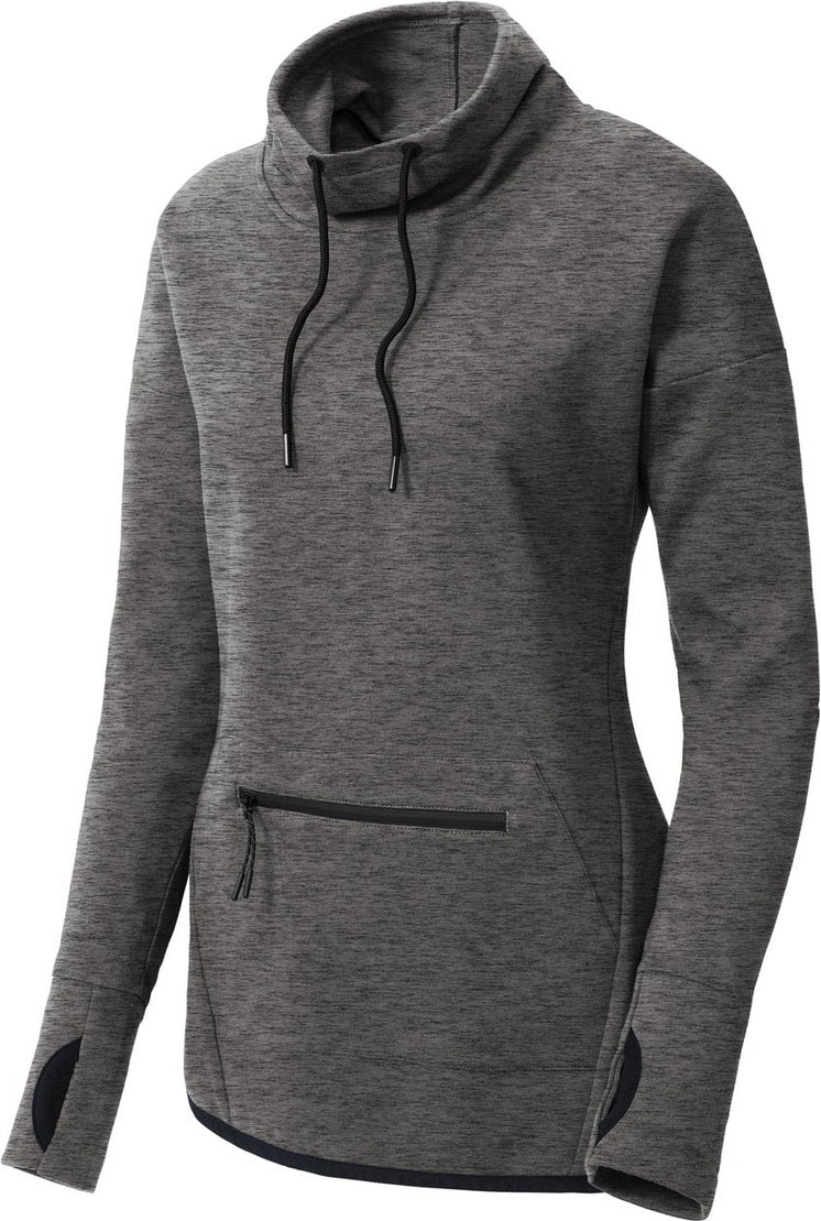 Front View of Dark Grey Hthr Sport-Tek Women's Triumph Cowl Neck Pullover LST280