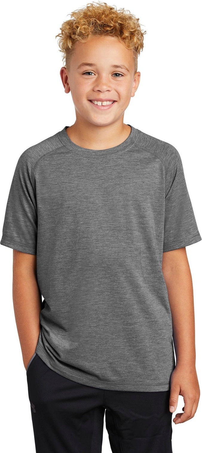Front View of Dark Grey Hthr Sport-Tek Youth PosiCharge Tri-Blend Wicking Raglan Tee. YST400
