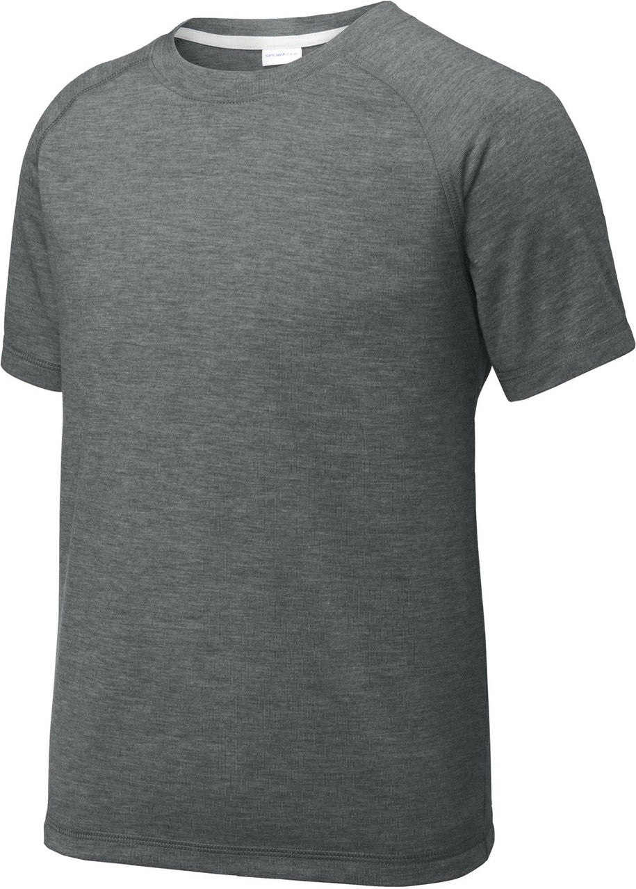 Front View of Dark Grey Hthr Sport-Tek Youth PosiCharge Tri-Blend Wicking Raglan Tee. YST400