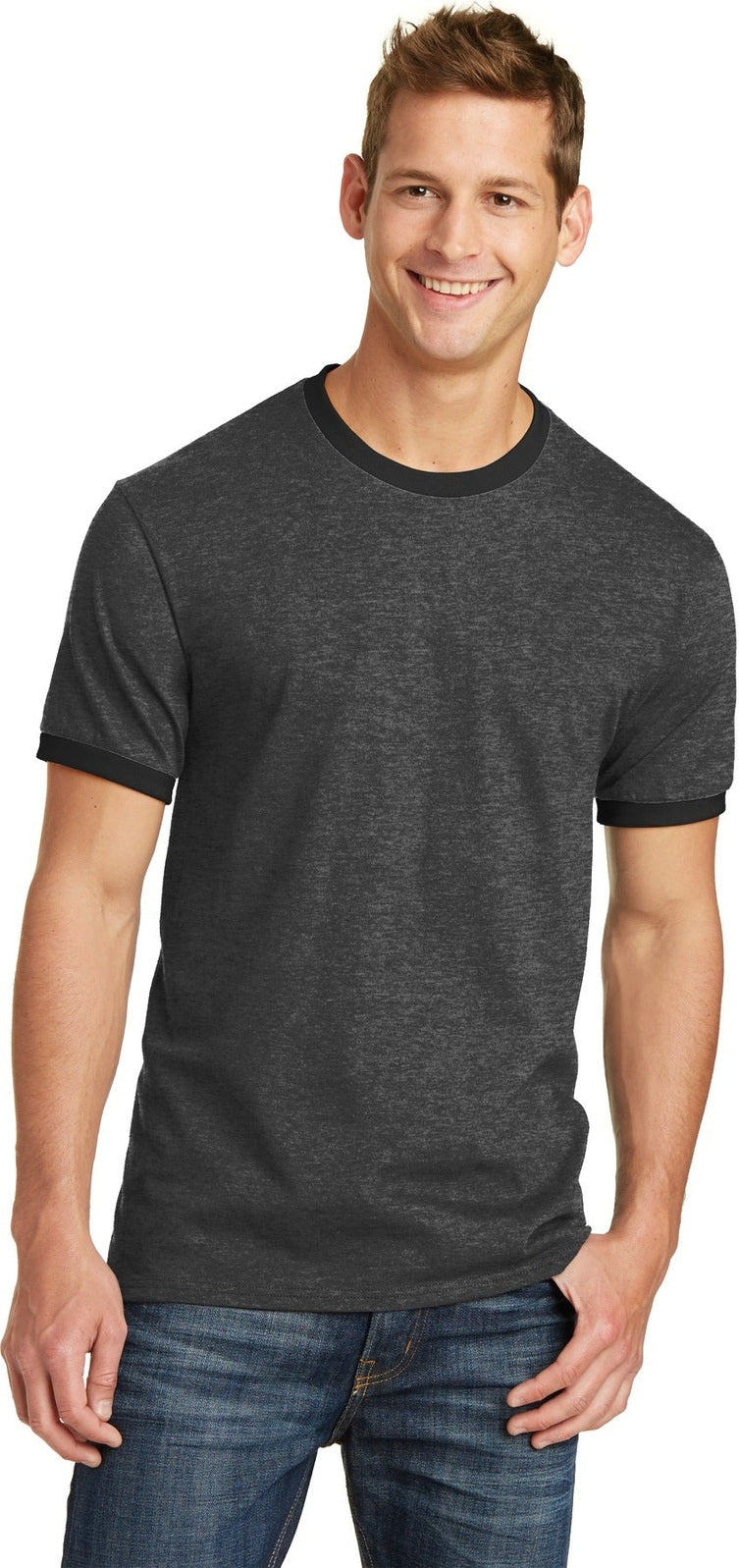 Front View of Dark H Gy/J Bk Port & Co Core Cotton Ringer Tee. PC54R
