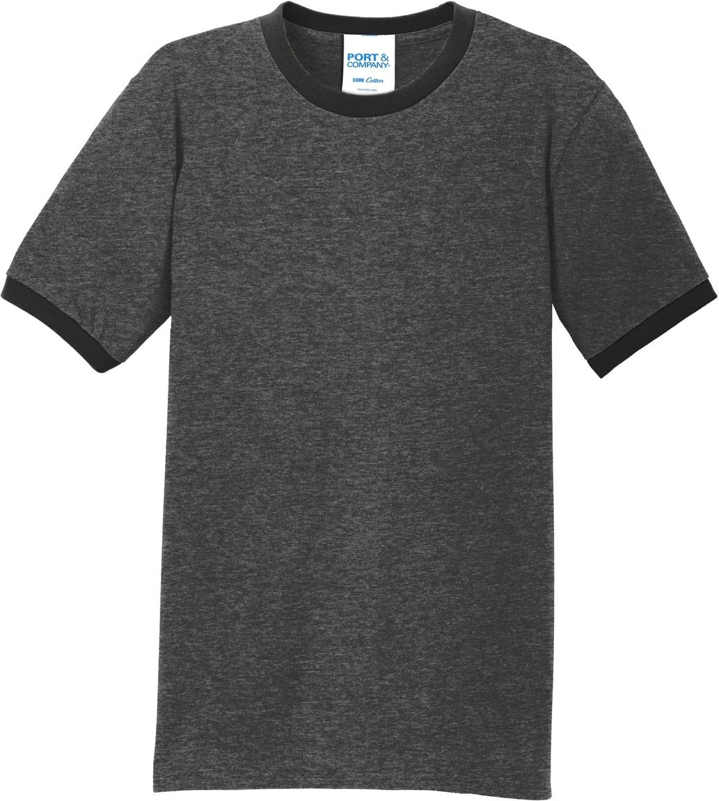 Front View of Dark H Gy/J Bk Port & Co Core Cotton Ringer Tee. PC54R