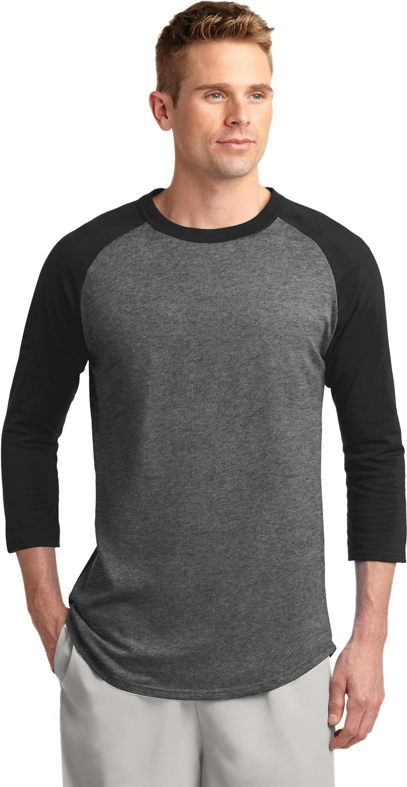 Front View of Dark He Gry/Bk Sport-Tek Colorblock Raglan Jersey. T200