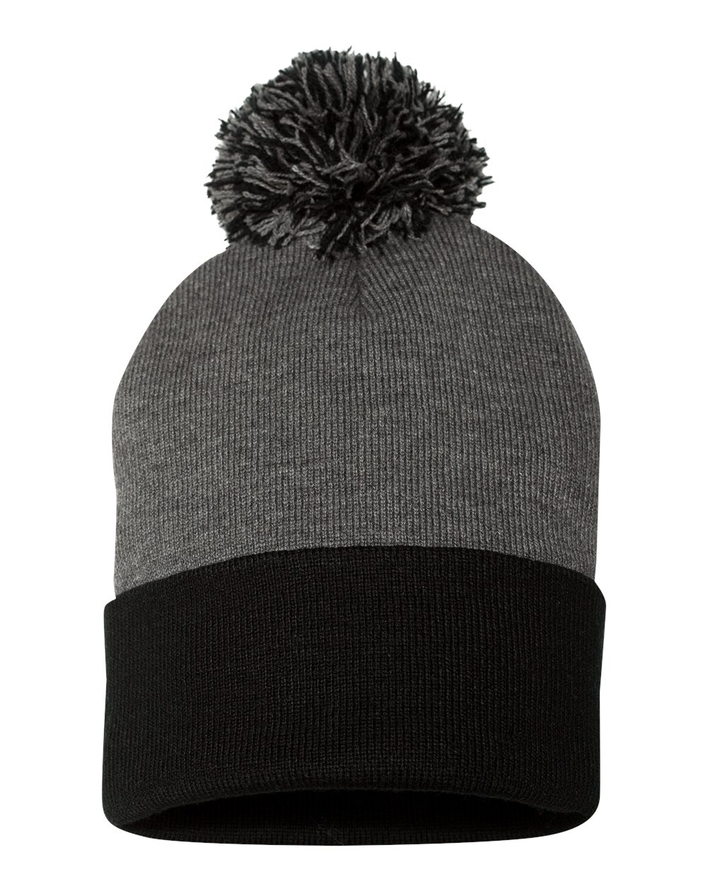 Front View of Dark Heather Grey/ Black 12" Pom-Pom Cuffed Beanie - SP15