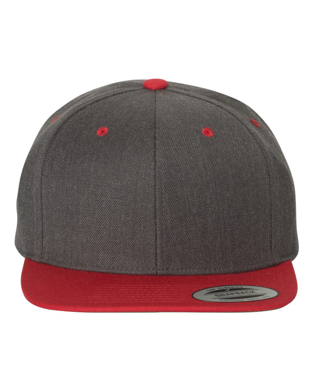 Front View of Dark Heather/ Red Premium Flat Bill Snapback Cap - 6089M
