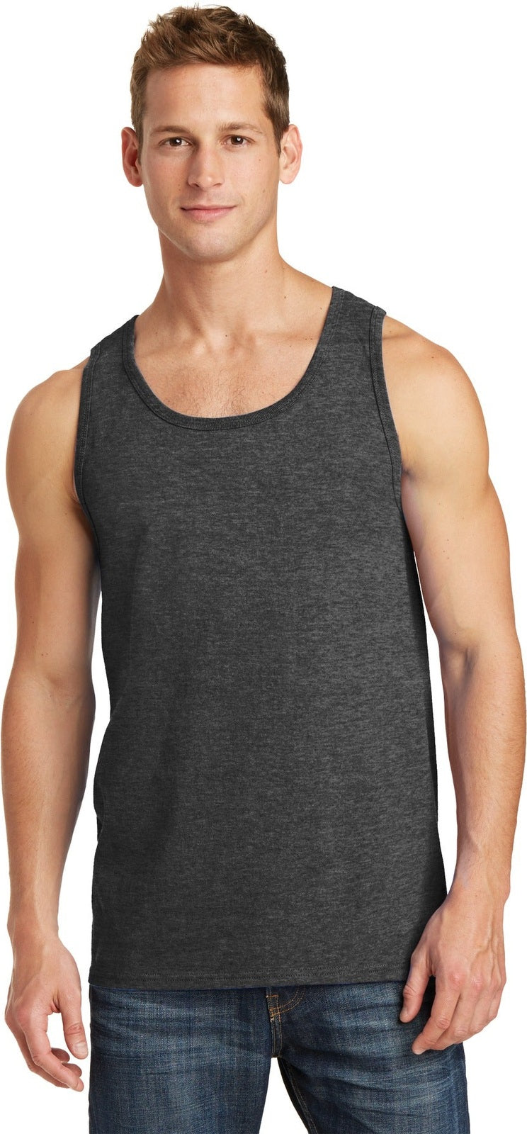 Front View of Dark Hthr Grey Port & Co Core Cotton Tank Top. PC54TT