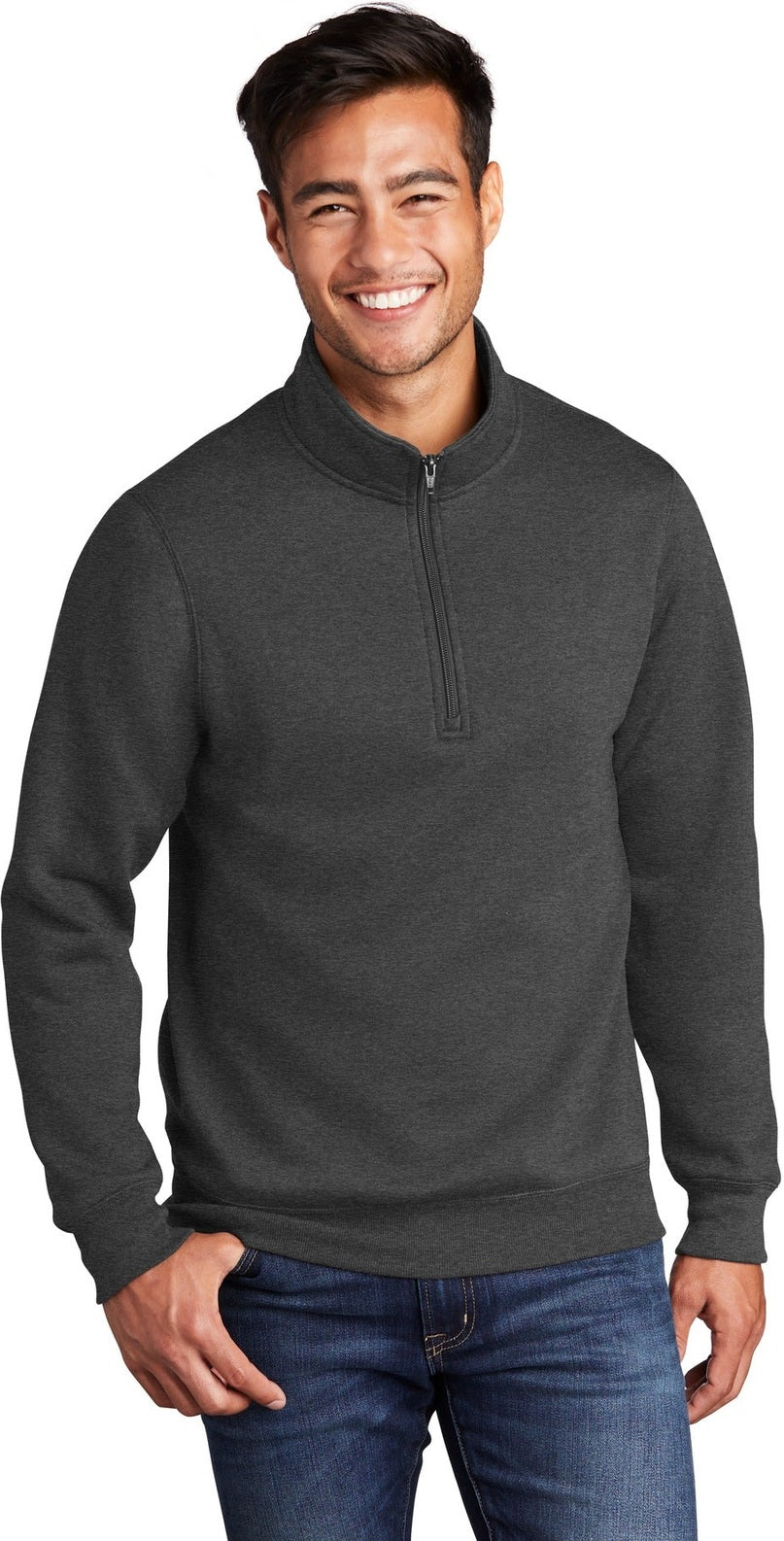 Front View of Dark Hthr Grey Port & Co Core Fleece 1/4-Zip Pullover Sweatshirt PC78Q
