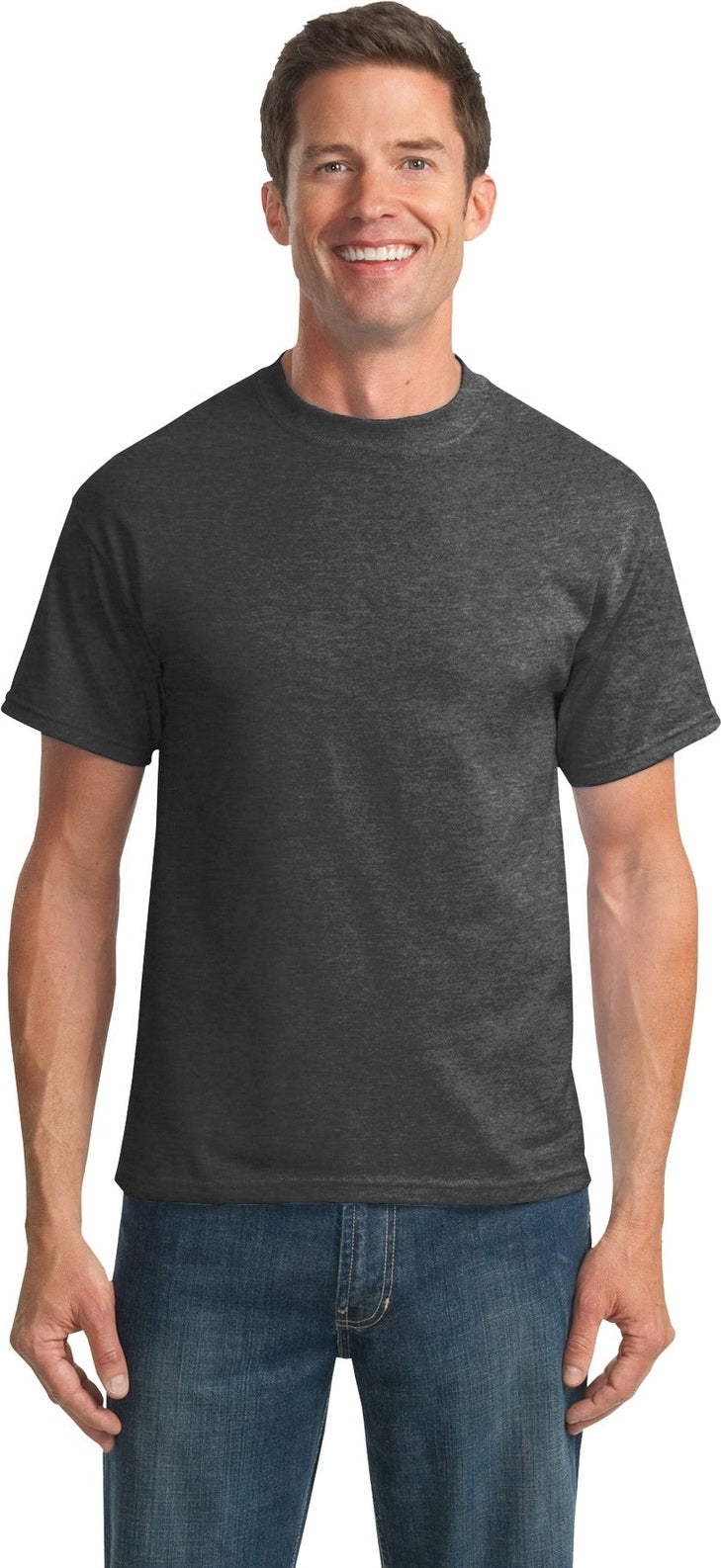 Front View of Dark Hthr Grey Port & Co Tall Core Blend Tee. PC55T