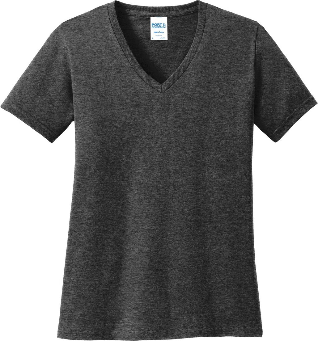 Front View of Dark Hthr Grey Port & Co Women's Core Cotton V-Neck Tee. LPC54V