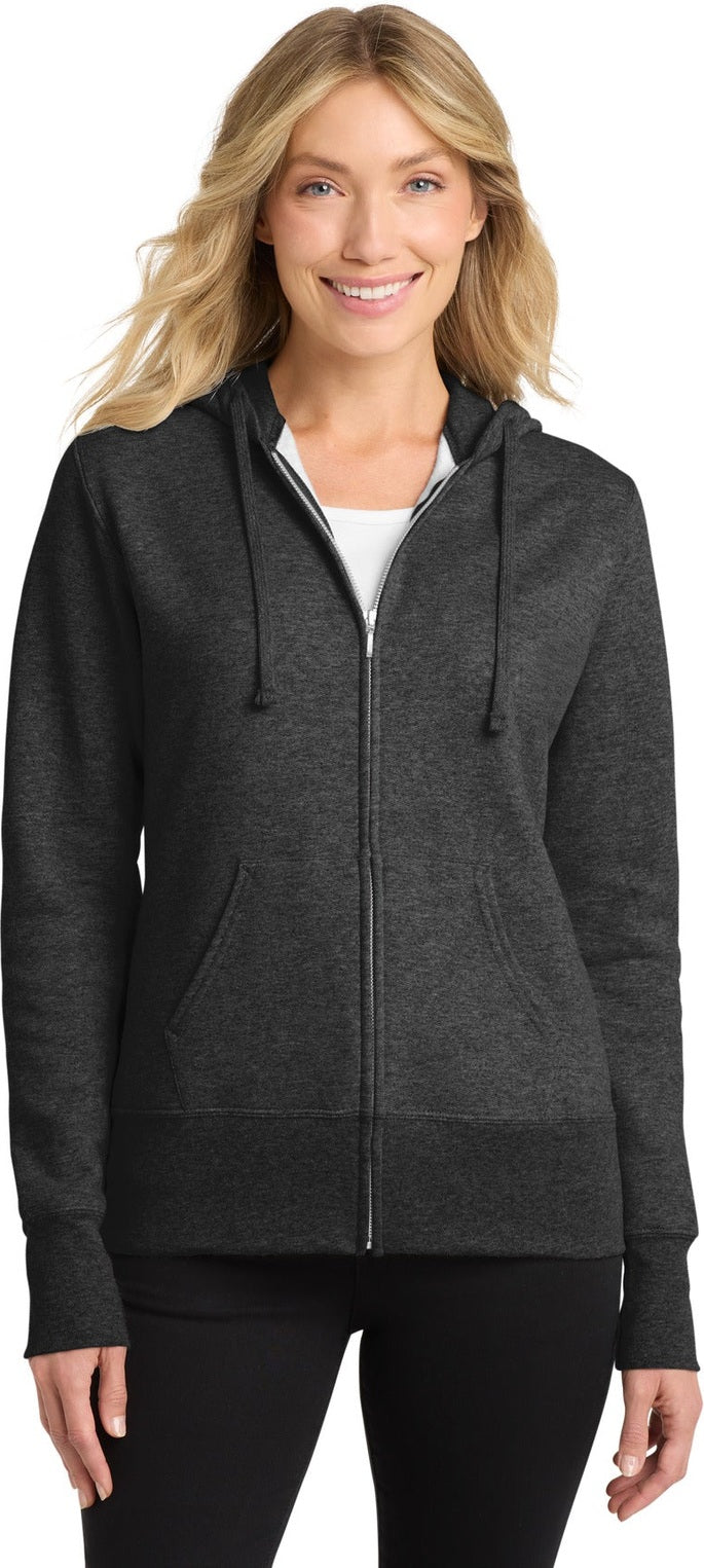 Front View of Dark Hthr Grey Port & Co Women's Core Fleece Full-Zip Hooded Sweatshirt. LPC78ZH