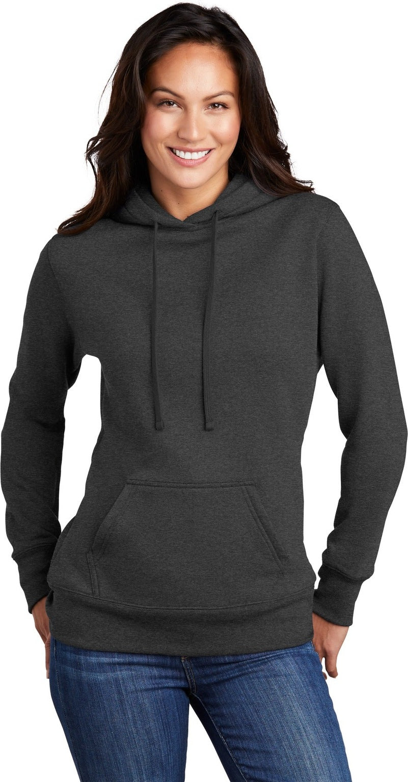 Front View of Dark Hthr Grey Port & Co Women's Core Fleece Pullover Hooded Sweatshirt LPC78H