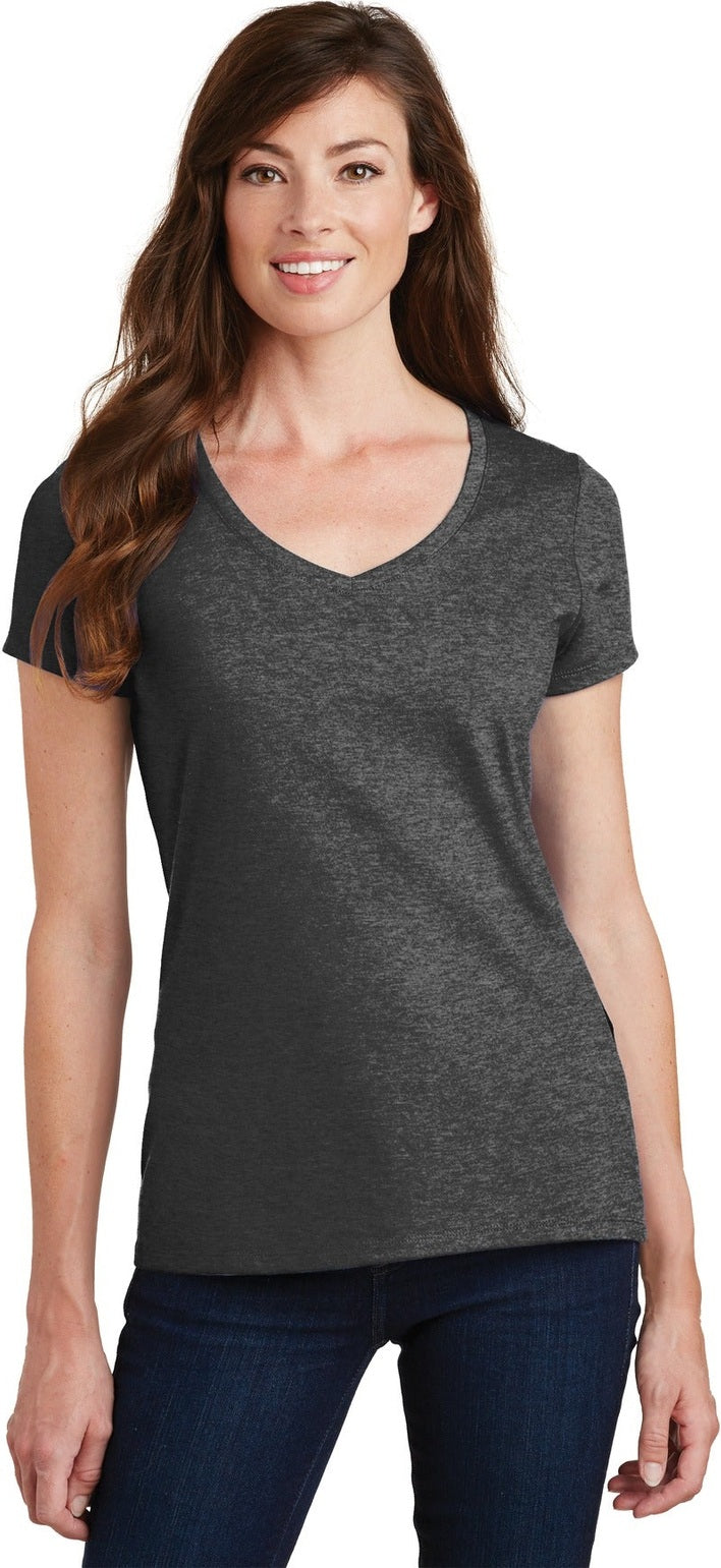 Front View of Dark Hthr Grey Port & Co Women's Fan Favorite V-Neck Tee. LPC450V