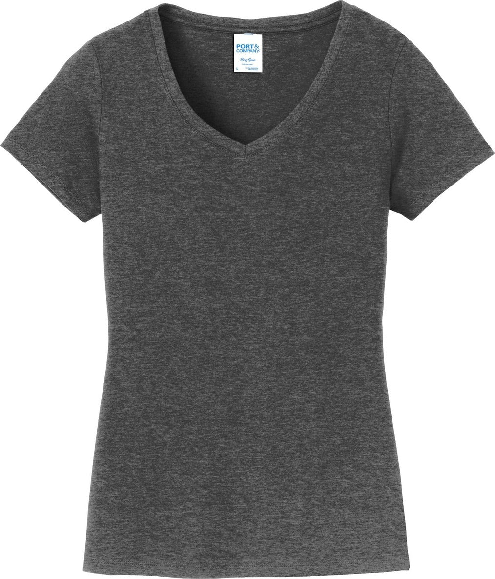 Front View of Dark Hthr Grey Port & Co Women's Fan Favorite V-Neck Tee. LPC450V