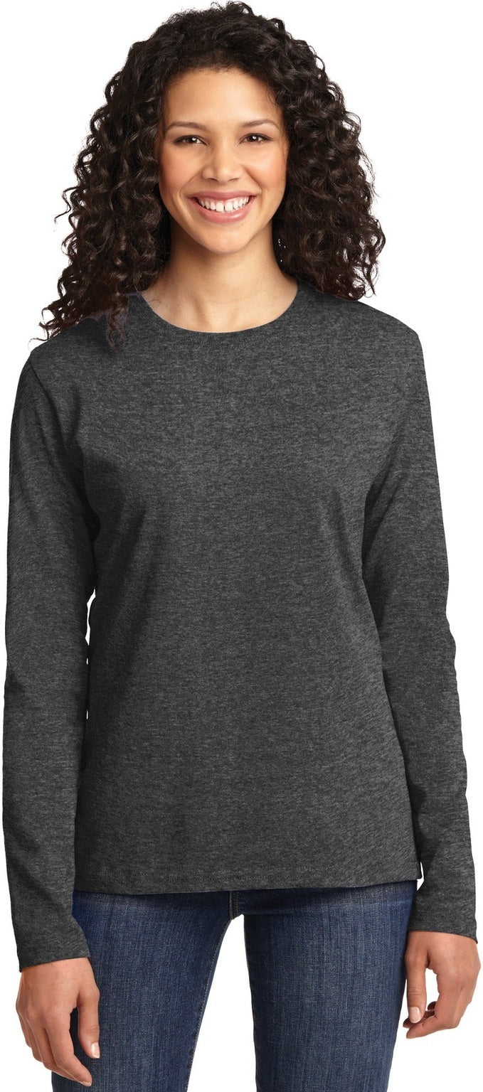 Front View of Dark Hthr Grey Port & Co Women's Long Sleeve Core Cotton Tee. LPC54LS