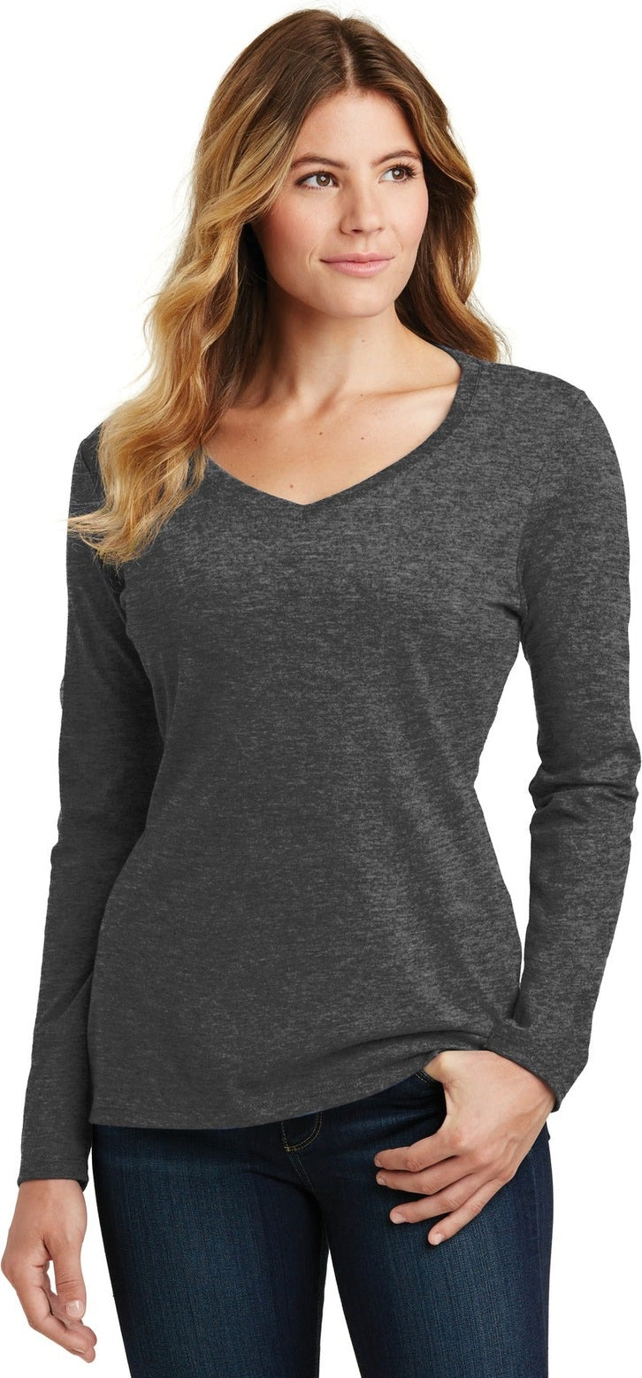 Front View of Dark Hthr Grey Port & Co Women's Long Sleeve Fan Favorite V-Neck Tee. LPC450VLS