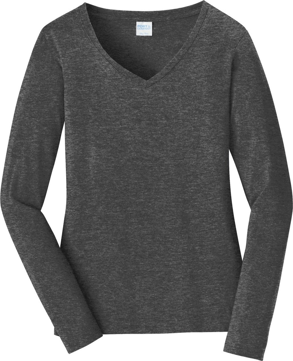 Front View of Dark Hthr Grey Port & Co Women's Long Sleeve Fan Favorite V-Neck Tee. LPC450VLS