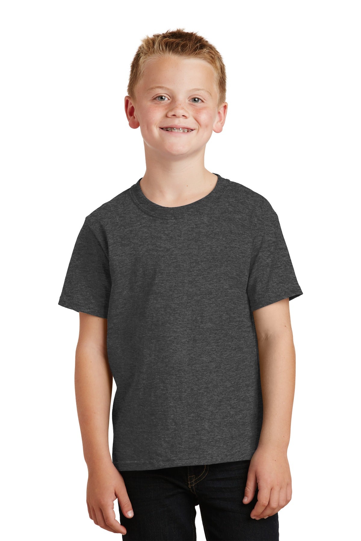 Front View of Dark Hthr Grey Port & Co Youth Core Cotton Tee. PC54Y