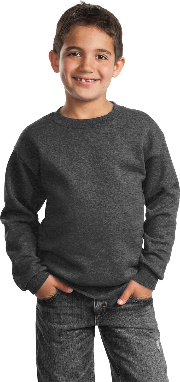 Front View of Dark Hthr Grey Port & Co Youth Core Fleece Crewneck Sweatshirt. PC90Y