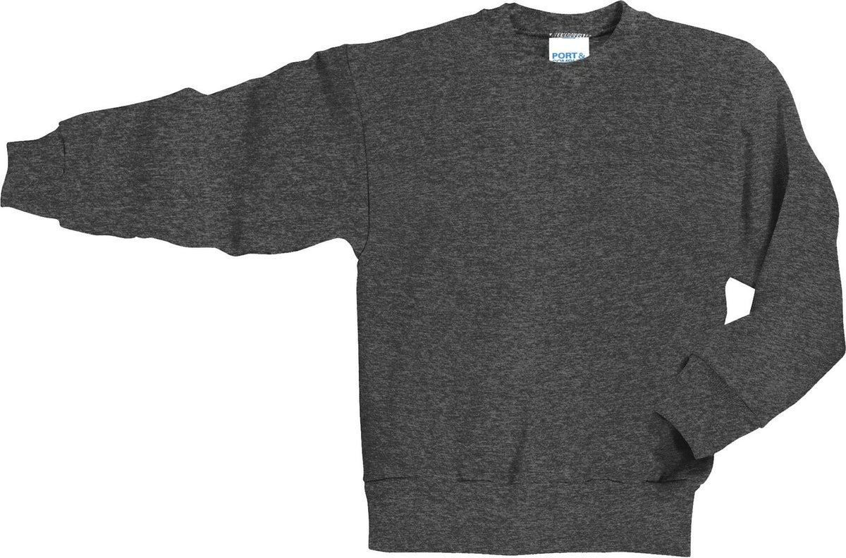 Front View of Dark Hthr Grey Port & Co Youth Core Fleece Crewneck Sweatshirt. PC90Y